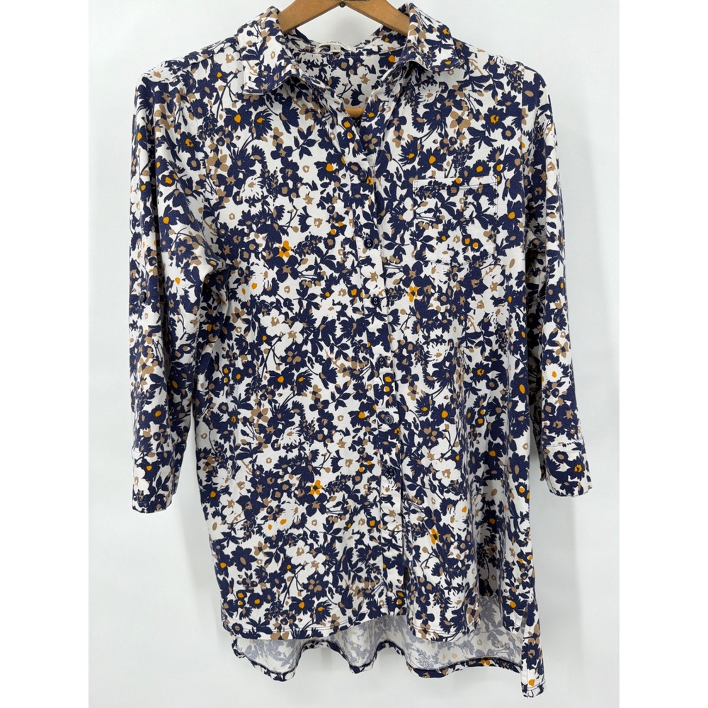 Tyler Boe Floral Button Down Hi Lo Top Navy Blue Gold Cotton Stretch L Boho